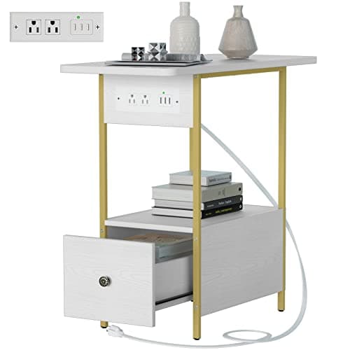 Narrow Nightstand with Storage & Charging for Small Spaces — White+gold