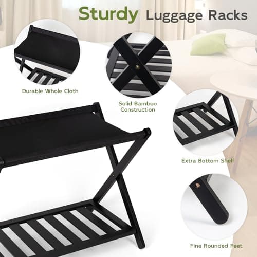 Bamboo Luggage Rack with Shelf | Heavy Duty, Black