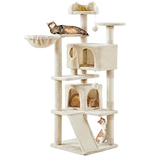 Topeakmart 57" Multi-Level Cat Tree with scratching posts & pink playhouse — Beige