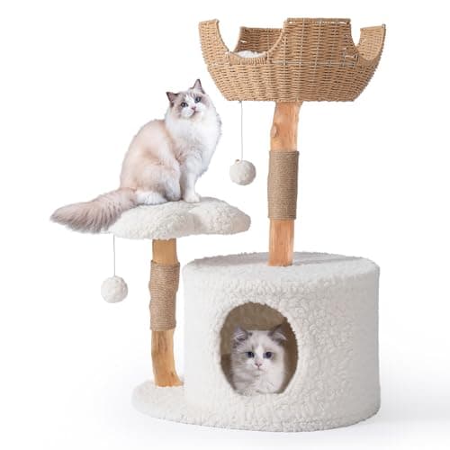 Luxurious White Wood Cat Tree by Easyego with Scratching Posts & Flower Platforms