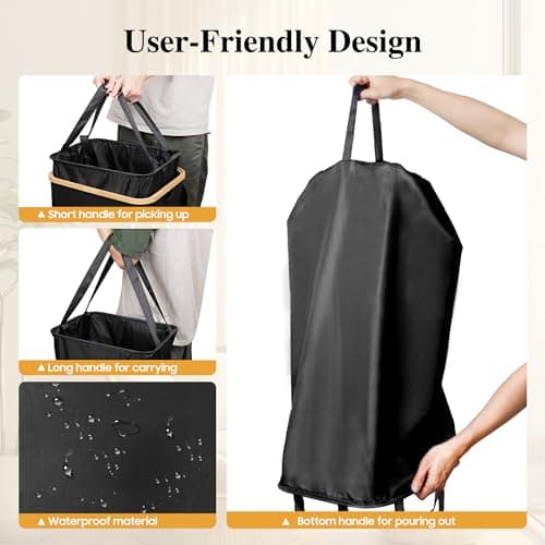 Large 100L Waterproof Laundry Basket, Collapsible with Bamboo Handles, Black