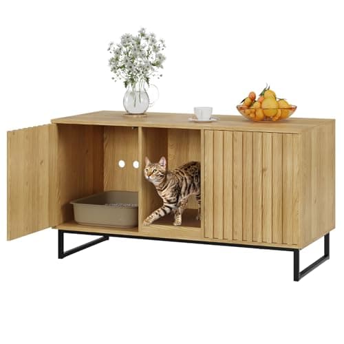 Cat Litter Box Enclosure for 2 Cats, Brown TV Stand & Washroom — Natural