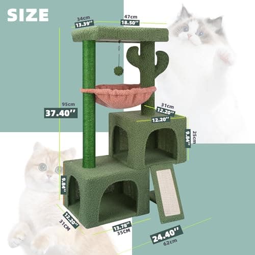 37.4" Cactus Cat Tree for Indoor Cats with Twin Condos and Scratching Post … Green