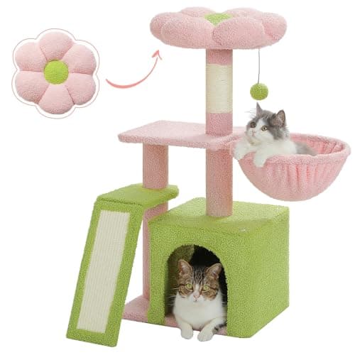32 PETEPELA Pink Cat Tree for Indoor Cats with Scratching Ramp, Hammock, and Flower Bed Perch