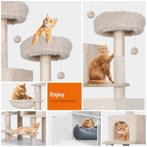 All-in-One Wooden Cat Tree with Litter Box Enclosure, 76.8 Inch Tall Condo with Hammock and Scratching Posts, White