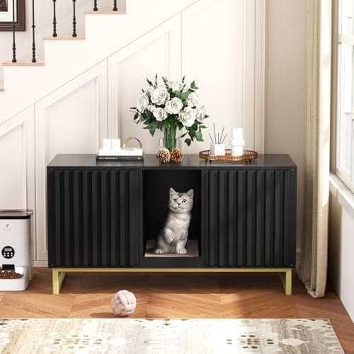 Modern Cat Litter Box Enclosure with Scratch Pad & Washroom (Natural) — Black