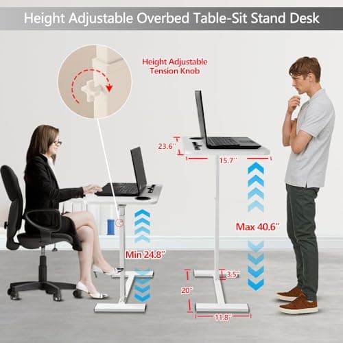 White Adjustable Overbed Table with Hidden Wheels & Cup Holder