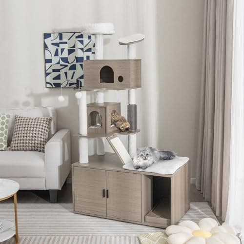 Tangkula Cat Tree with Litter Box, 2 Condos, Scratching Posts & Dangling Balls
