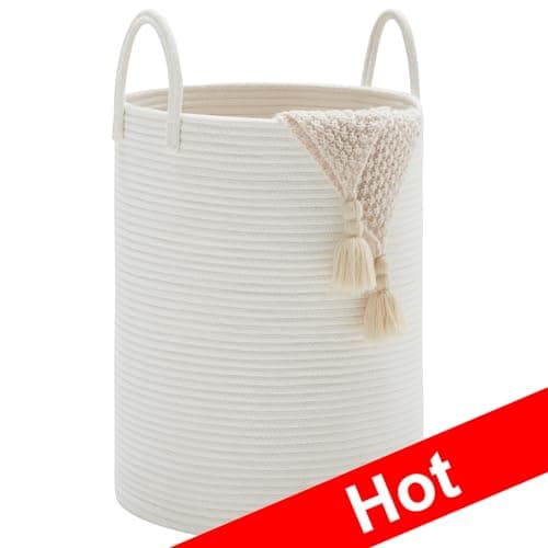 YOUDENOVA Tall 58L Jute Rope Laundry Hamper for Bedroom and Baby Nursery — Pure White