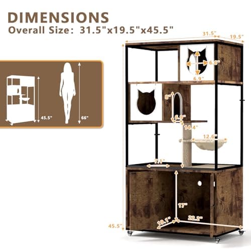 Large Wooden Cat Litter Box Enclosure with Tower, 45" Tall