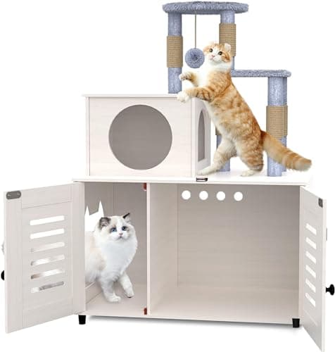 White All-in-One Cat Cabinet with Litter Box, Scratching Post, Soft Perch & Divider