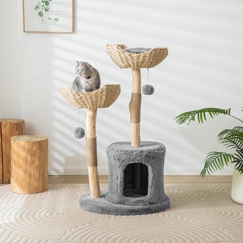 Tall Wooden Cat Tree for Large Cats 46" White with Scratcher. — Light White