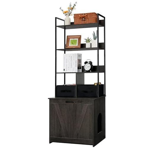 Dwanton Rustic Brown Cat Litter Box with 3 Shelves & 2 Drawers — Dark Grey