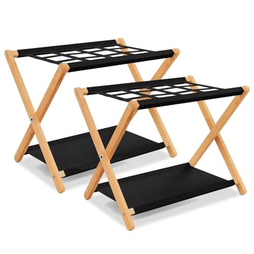 Natural Solid Wood PC Luggage Rack, Storage Shelf, Up to 180 LBS, Easy Assembly, Nylon Straps