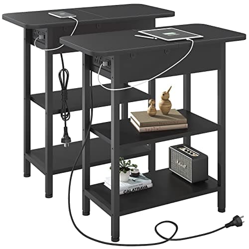 LIDYUK Flip Top Side Table with USB Ports & Outlets, White — Black