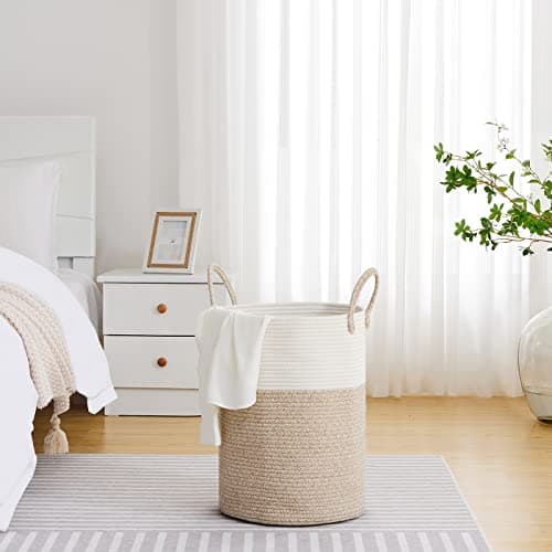 Vippo Large Woven Laundry Basket - White & Brown, 58L