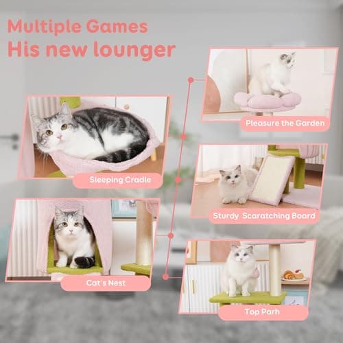 Flower Cat Tree 46 Inches, Medium Size with Hammock & 3 Scratching Posts - Pink