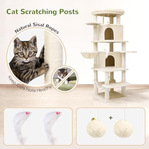 66 Inch Tall Curved C66 Cat Tree with 6 Scratching Posts & Indoor Condos