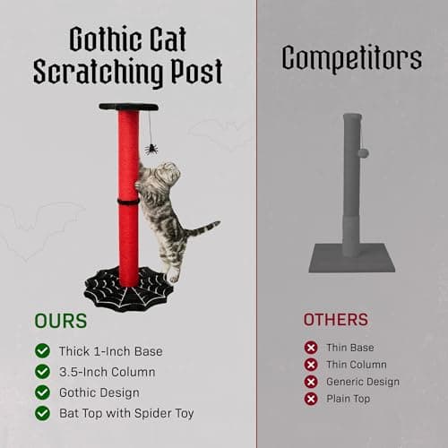 Gothic Cat Scratcher, 34" Sturdy Spider Web Base, Bat Top, Black & Red