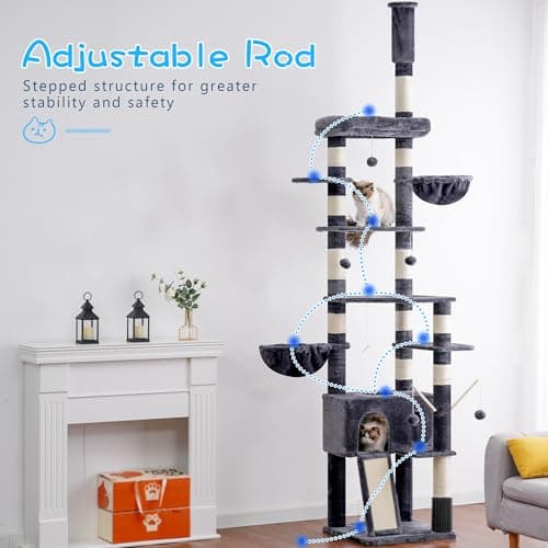 Hey-Brother Smoky Gray Tall Cat Tree, 94.5-106.3 Inches Adjustable Height
