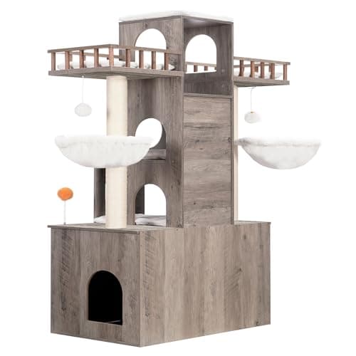 Heybly Cat Tree with Litter Box for Large Cats, Heavy Duty Indoor Cat Condo with Scratching Posts, Rustic Gray HCT110SG