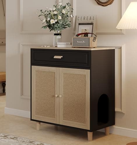 Hidden Cat House & Washroom Cabinet with Scratching Board & Drawer — Black