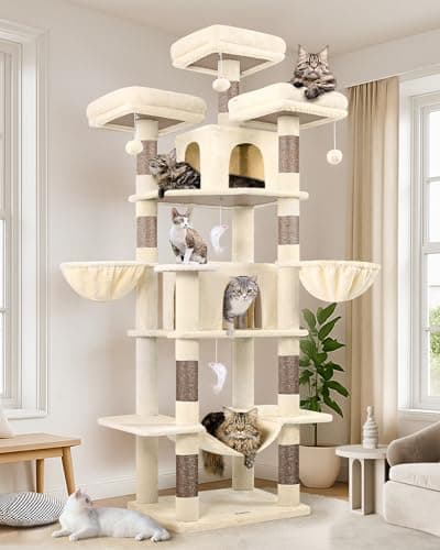 XXL F80 Indoor Cat Tower with Hammock, Scratching Post & 3 Perches Dark Grey — Beige