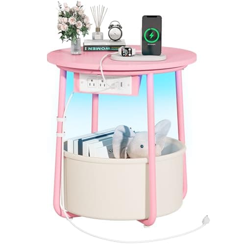 Yoobure LED Night Stand with Charger, Round Storage Table for Living Room or Bedroom — Pink