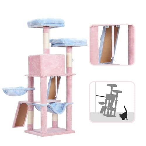Heybly Cat Tree for Indoor Cats, Multi-Level Furniture Condo with Perch, Basket & Scratching Board - Blue/Pink