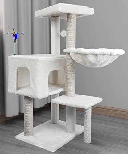 Beige Jute-Covered Cat Tree with Toy Ball Activity Center