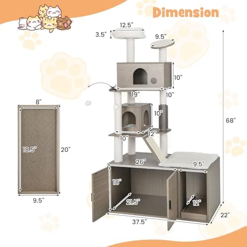Tangkula Cat Tree with Litter Box, 2 Condos, Scratching Posts & Dangling Balls