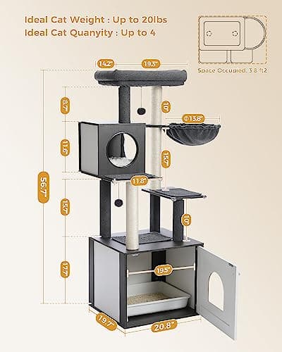 Petepela Large Wood Cat Tree with Litter Box, Storage & Scratching Post, Black