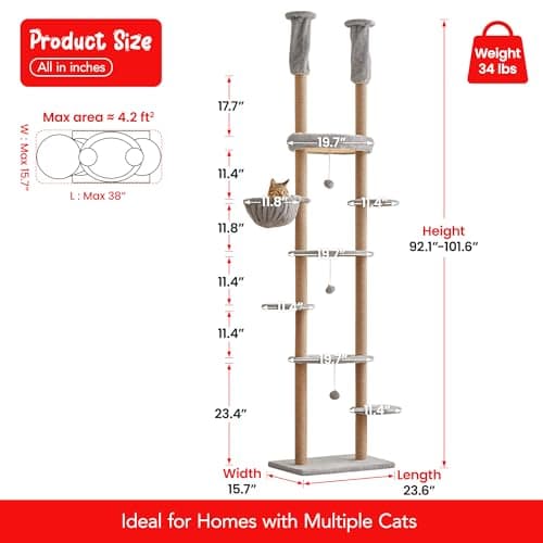 Adjustable Floor to Ceiling Cat Tower with 7 Tiers and Scratching Posts - Ideal for Indoor Cats