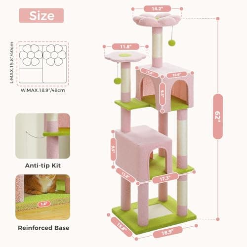 Indoor Cat Tree with 2 Condos & 4 Scratching Posts, 62" Multi-Level Tower, Pink