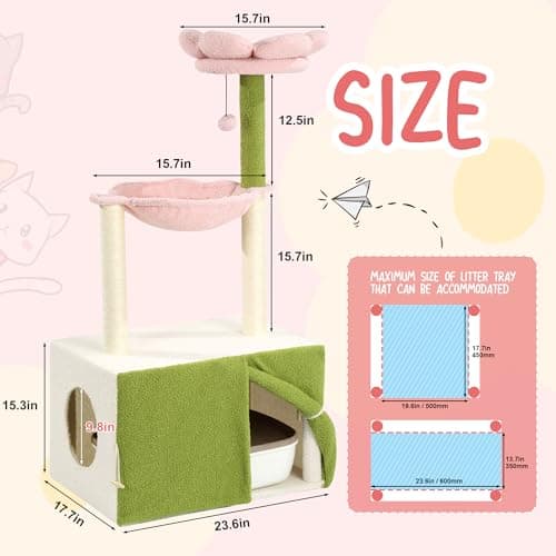 HOMBYS 46 Inch Flower Cat Tree with Litter Box & Storage, Soft Fleece & Sisal