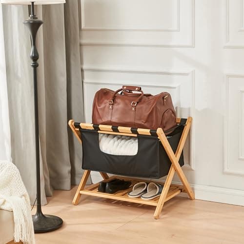 Bamboo Folding Luggage Racks for Guest Room with Laundry Bag and Shoe Rack (Set of 2)