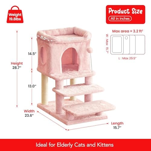 Pink 3-Step Cat Tree, 28.7" Scratching Tower for Indoor Cats