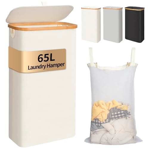 Large Black Foldable Laundry Hamper with Lid & Bamboo Handle — White