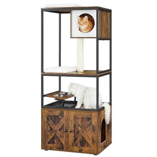 Modern Cat Tower with Litter Box Enclosure and Scratching Post — Rustic Brown