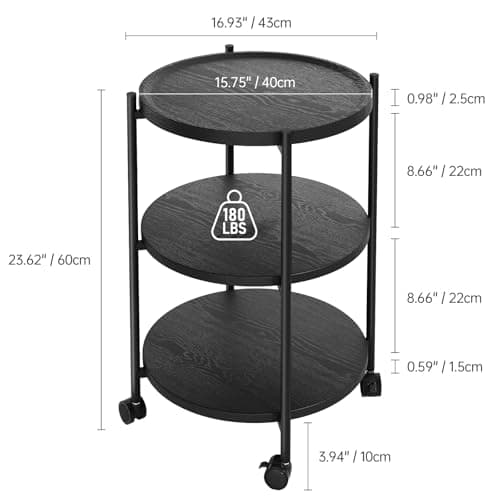 Modern 3-Tier Side Table with Wheels, Black, for Living Room or Bedroom