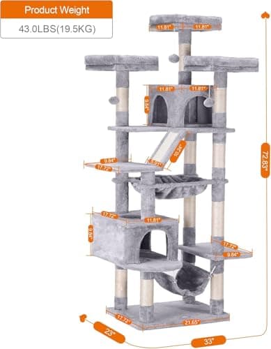 Heybly 73-Inch Cat Tree for Large Cats - Heavy Duty Indoor Condo with Plush Perch, Cozy Basket, and Scratching Posts in Light Gray