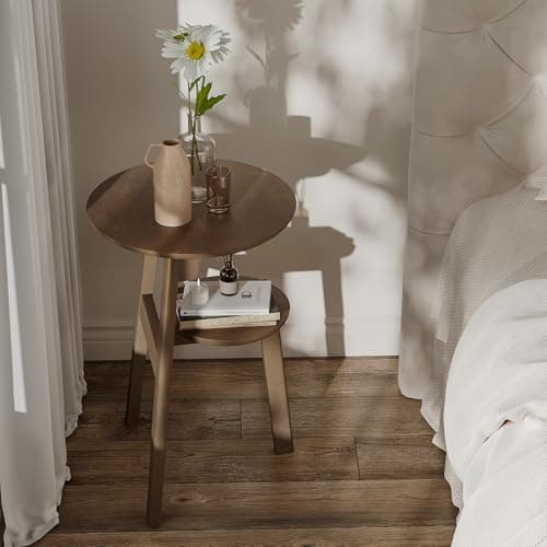 ChooChoo Round End Table with 2 Tier Shelf for Small Spaces, Walnut