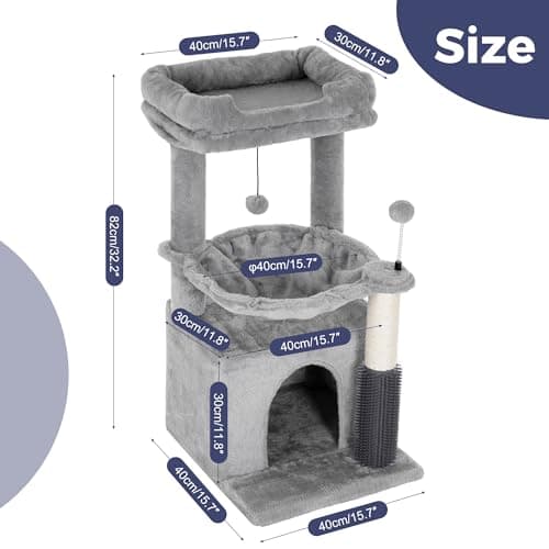 5 in 1 Cat Tree, 32" Tower with Groomer & Hammock-Gray