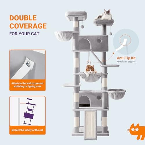 Allewie 81" Tall Multi-Level Cat Tree with Condo, Hammock & Scratching Post, Grey