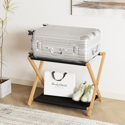 Natural Solid Wood PC Luggage Rack, Storage Shelf, Up to 180 LBS, Easy Assembly, Nylon Straps