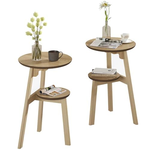 ChooChoo Round End Table with 2 Tier Shelf for Small Spaces, Walnut — Natural