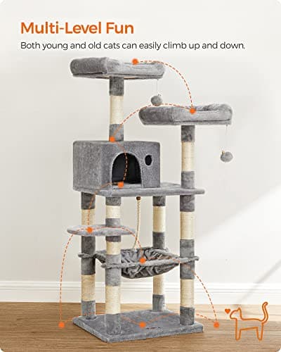 Feandrea Light Gray Cat Tree with Scratching Posts & Hammock