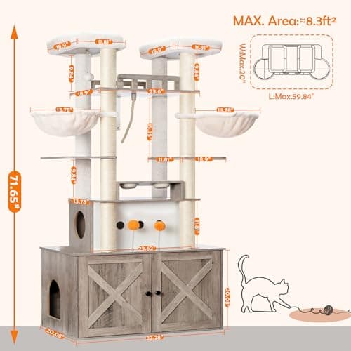 Heybly All-in-One Cat Condo with Litter Box Enclosure, Scratching Posts, and Large Platform for Big Cats - Rustic Gray HCT112SG