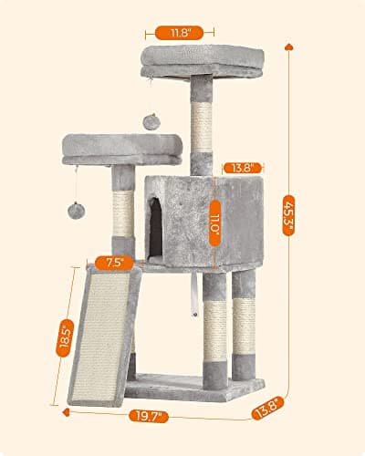 Feandrea Light Gray 45.3-Inch Cat Tower with Scratching Post and Cave