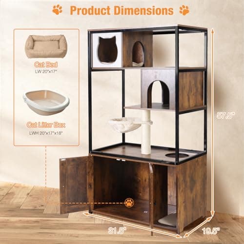 Hidden Kitty Litter Box with Barn Door, Metal Frame, Wood Enclosure (Wood, M)